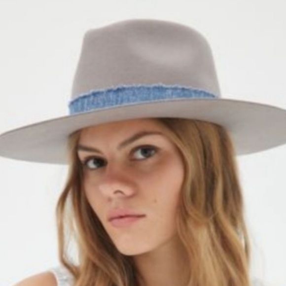New Free People Gray Felt Flat Brim Fedora O/S Denim Ribbon Trim Wool Western - Picture 2 of 4